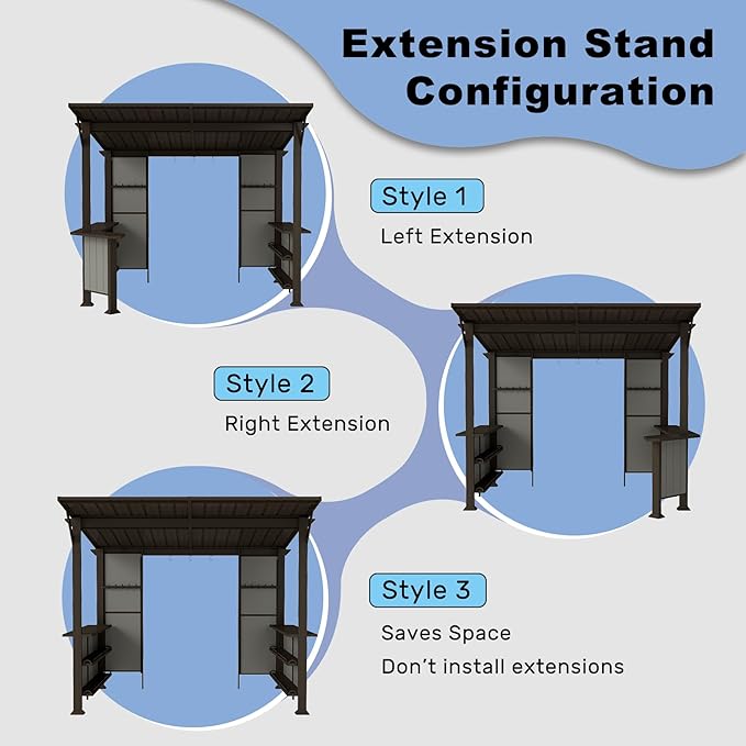 Domi 9x10FT Grill Gazebo Hardtop, BBQ Gazebo for Outdoor Grill with Storage Shelves and Expansion Platform, Metal Permanent Lean-to Canopy for Patio Backyard Lawn, Brown