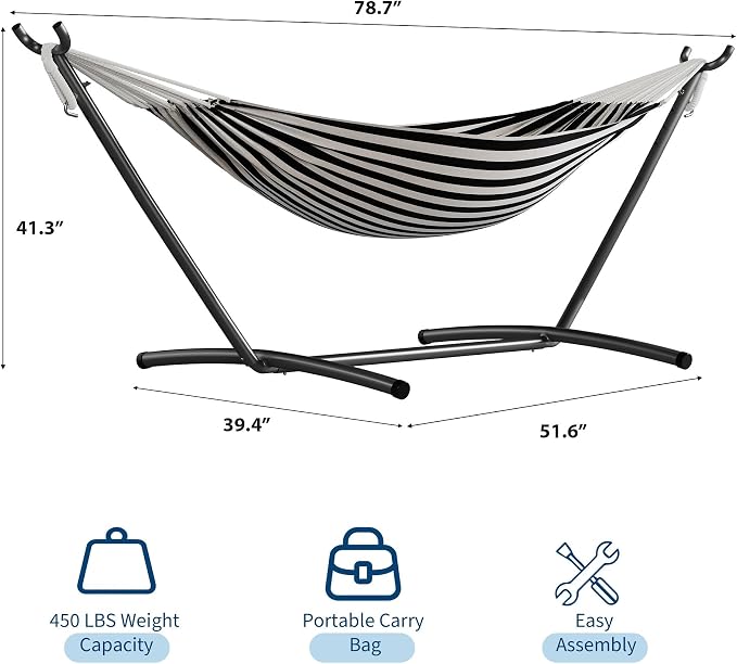 Heavy Duty Double Hammock with Steel Stand – 2 Person Cotton Hammock, 450lbs Capacity, Portable for Indoor Outdoor, Garden, Camping, Patio, with Carry Bag, Black