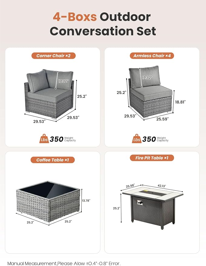ovios Outdoor 8 Piece Patio Furniture Set with Fire Pit Table,Conversation Sectional Wicker Couch with Coffee Table,Modern Outside Sofa for Balcony Backyard, Dark Grey