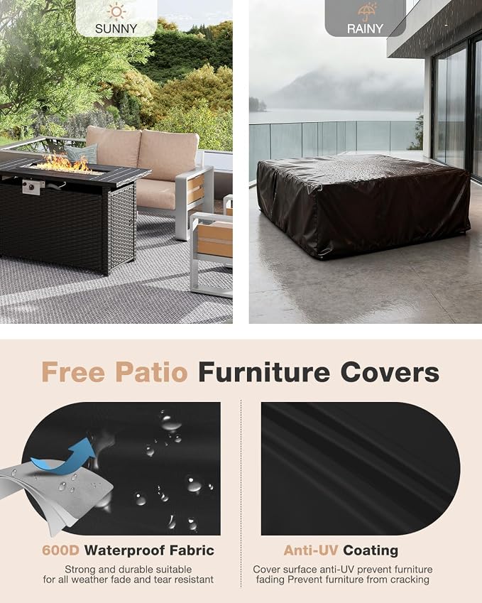 Aoxun Aluminum Patio Furniture Set with Fire Pit Table, 4 Piece Luxury Outdoor Sectional with 6" Olefin Fabric Cushions, Patio Conversation Sets with Waterproof Cover for Backyard, Porch Beige