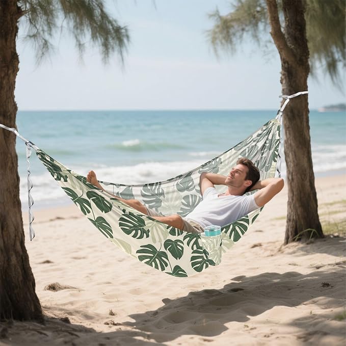 Camping Hammock Outdoor Hammocks for Outside Green Tropical Plants Beach Trees Portable Lightweight with Pockets Tree Straps Indoor Small