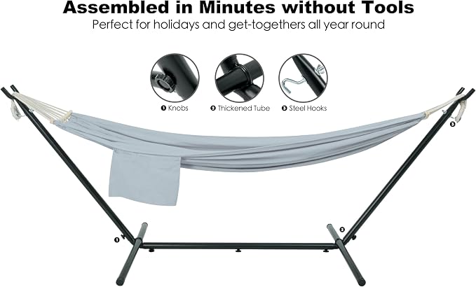 Gafete Double Hammock with Stand for Outside, Upgraded Spreader Bar, Heavy Duty Space Saving Steel Stand 2 Person, Side Pockets, Easy Assembly, 600lbs Weight Capacity, Indoor & Outdoor (Light Grey)