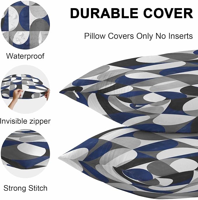 Vandarllin Outdoor Throw Pillows Covers 18x18 inch Set of 2 Waterproof Modern Blue Gray Geometric Decorative Zippered Cushion Covers for Patio Furniture, Abstract Mid Century Lumbar Pillowcases