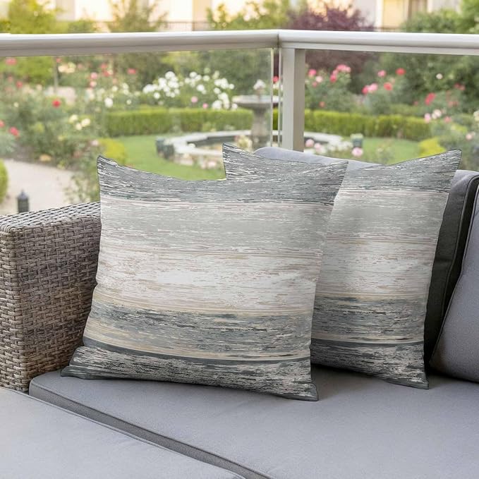 Outdoor Waterproof Throw Pillow Covers, Vintage Black Grey Decorative Pillow Cases, Farmhouse Barn Wooden Striped Couch Pillow Protector Patio Sofa Cushion Covers Replacement 20"x20" 2 Pack