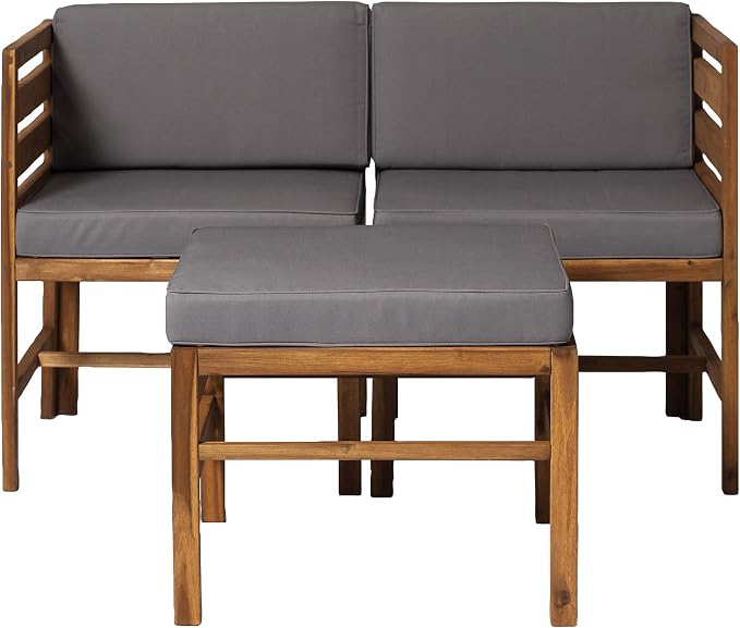 Walker Edison Ravello Contemporary 3 Piece Acacia Wood Outdoor Modular Chat Set with Cushions, Set of 3, Brown