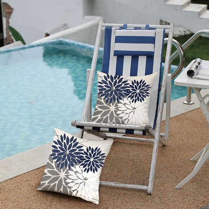 DFXSZ Pack of 2 Outdoor Waterproof Throw Pillow Covers 16x16 NavyBlue Grey | Polyester Colorful Spring Summer Floral Decorative Cushion Cases(NO INSERT),For Couch Patio Funiture Garden Home Decor