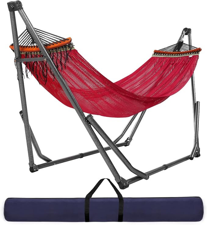 Goutime Collapsible Hammock Stand with Carry Bag, 550lbs,Portable,Red | 3 level adjustable up to 10ft, double layer hammock net, fits indoor, yard, camping, and outdoor use