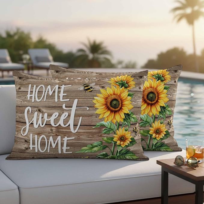 Lumbar Pillow Covers 20x12 Inch Set of 2, Sunflower Brown Waterproof Outdoor Pillow Covers, Farmhouse Bee Country Wooden Grain Decorative Cushion Pillowcases for Couch, Sofa, Bed, Garden, Patio