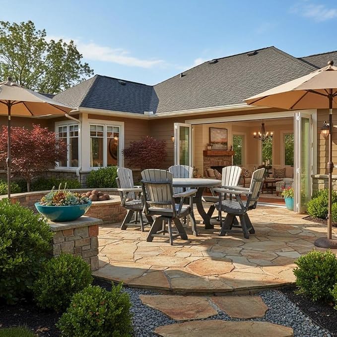 Gray 5-Piece Round Dining Set, Heavy-Duty HDPE, Umbrella Hole, All-Weather Patio Furniture, Great for Harborside