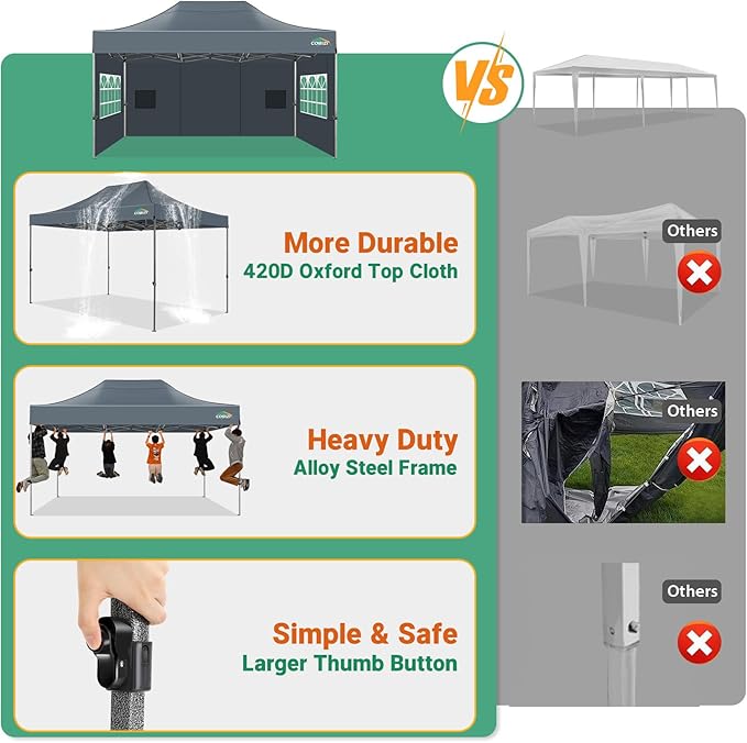 COBIZI 10x15 Pop up Canopy Tent Heavy Duty, Easy Set-up Commercial Outdoor Party Tent, 100% Waterproof Wedding Tents Gazebo, 3 Height Adjustable with Handbag, Gray