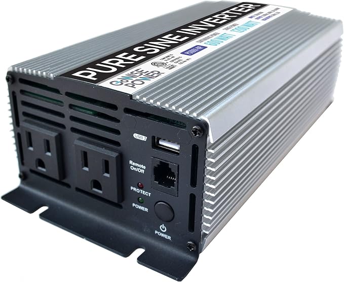 GoWISE Power 600W Pure Sine Wave Inverter 12V DC to 115V AC with 2 AC Outlets + 1 5V USB Port and 2 Clamp Cables (1200W Peak) PS1001