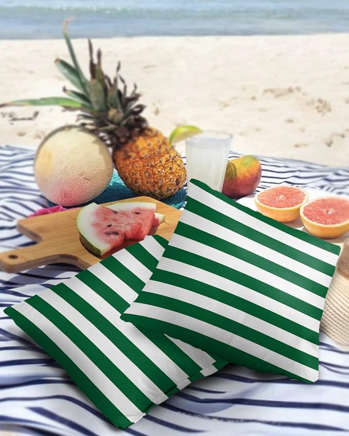 Outdoor Waterproof Pillow Covers for Patio Furniture Striped Decorative Throw Pillow Cover Green and White Stripes Pillowcases Set of 2 Cushion Case for Sofa Couch Chair Home Decor 18 x 18 in