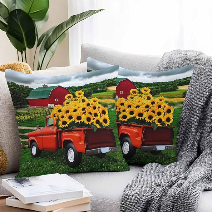Waterproof Pillow Covers Set of 2 20x20 Inch Farmhouse Sunflower Outdoor Cushion Covers Farm Red Truck Decorative Pillow Cases for Patio, Sofa, Couch, Garden, Balcony