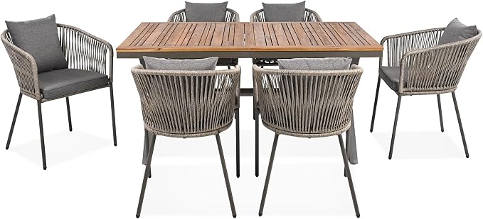 VilroCaz 7 Pieces Patio Dining Set, All-Weather Outdoor Conversation Set Gathering Set with Acacia Wood Tabletop and Metal Frame, Dining Table and Chairs for Garden Backyard Balcony (Green Rope)