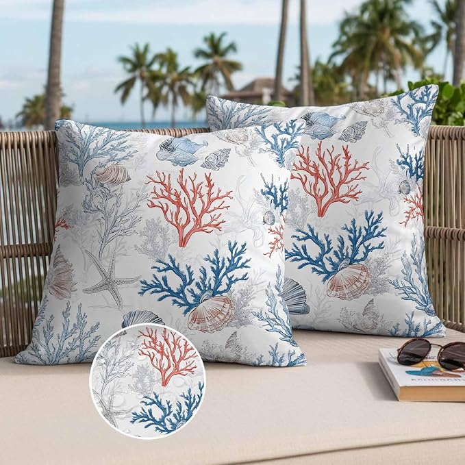 Summer Nautical Outdoor Waterproof Throw Pillow Covers Set of 2, 24"x24", Red Blue Coral Seashell Coastal Vintage Decorative Pillow Covers Outside Cushion Case for Patio Porch Garden