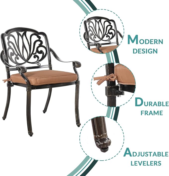 MEETWARM 7-Piece Outdoor Patio Dining Set, All-Weather Cast Aluminum Patio Conversation Set for Backyard Garden Deck with 6 Cushioned Chairs, 1 Rectangular Table, 2" Umbrella Hole, Dark Bronze