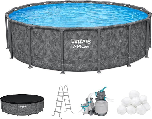 Bestway APX 365 16' x 48" Above Ground Pool, Round Metal Frame Outdoor Swimming Pool Set with Sand Filter Pump, Ladder, and Cover, Dark Marble