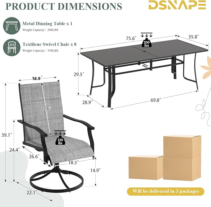 9 Pieces Patio Table and Chairs Set, 75.6" Metal Dining Table with Umbrella Hole, 8 High Back Textilene Swivel Chairs,Dining Table Set for 8, Outdoor Furniture for Porch Deck Yard Balcony, Grey