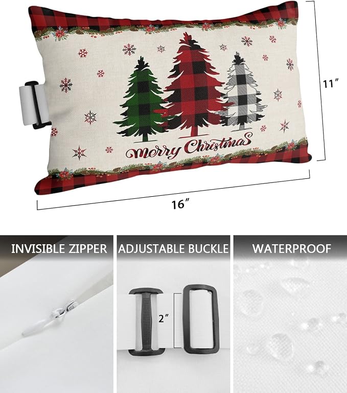 Outdoor Pillows Covers with Inserts Merry Christmas Buffalo Check Plaid Tree Waterproof Recliner Pillow with Adjustable Strap Throw Pillows for Patio Furniture Pool Lounge Chair, 11x16 inch, 1PCS