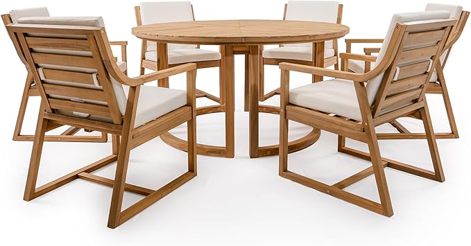 Merax 7 Pieces Outdoor Dining Set for 6 People, Acacia Wood Patio Furniture Sets with Round Table and Six Cushioned Chairs for Backyard, Garden, Lawn, Poolside, Tabletop with Umbrella Hole, Light Teak