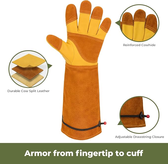 Aegend Long Gardening Gloves for Men, Reinforced Fingertips Cowhide Leather, Elbow-Length Gauntlet Cuff, Breathable & Durable for Yard Work Fit for Large Hands (Gold Yellow, XL)