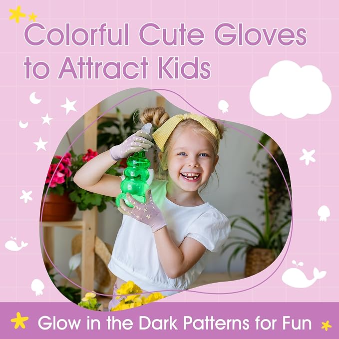 COOLJOB Glow in The Dark Kids Gardening Gloves for Age 3-5, 2 Pairs Children Reflective Yard Work Rubber Coated Gloves, Light Blue with Cloud & Moon, Purple with Stars, Small