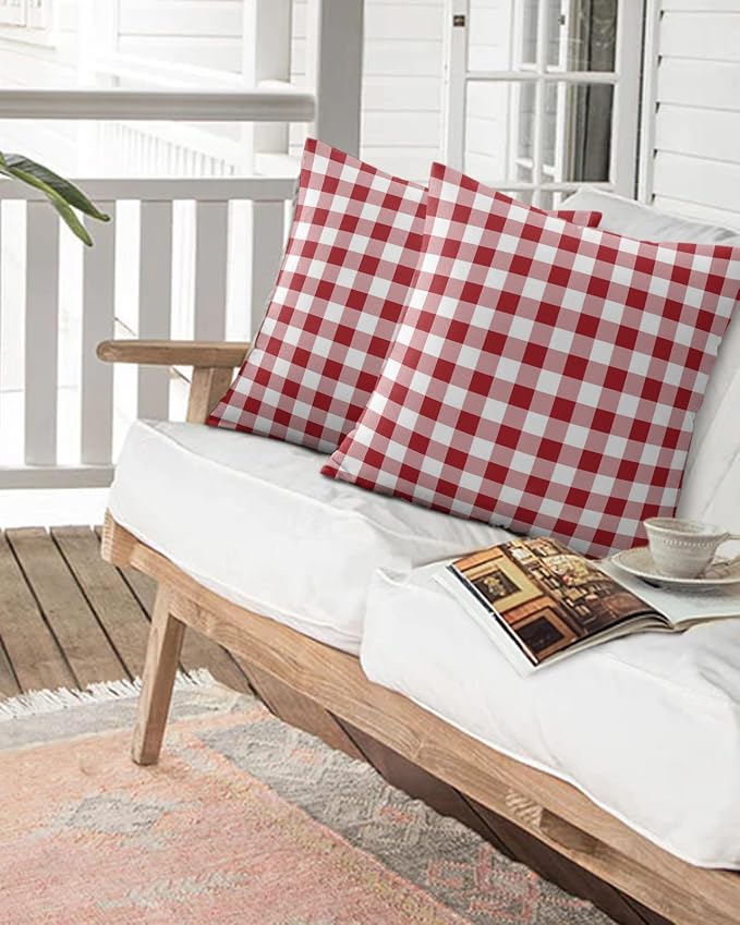 Outdoor Waterproof Throw Pillows Red Gingham Check Patio Pillows Pack of 1,Decorative Pillow Covers with Insert,Pillow Cushion Case for Garden Couch Sofa Country Buffalo Plaid