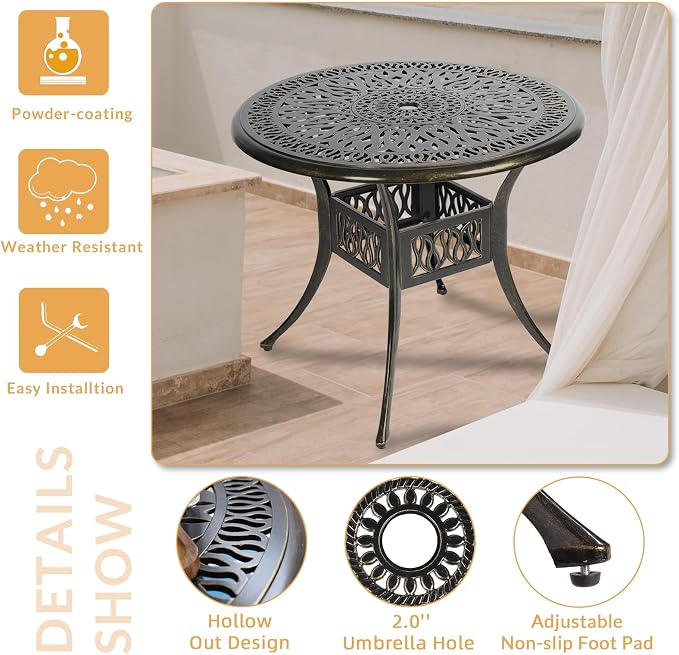 3-Piece Outdoor Patio Dining Set, All-Weather Cast Aluminum Patio Furniture Set for Backyard Garden Deck with 2 Swivel Cushioned Chairs and 35.4” Round Table, 2" Umbrella Hole, Ocean Blue
