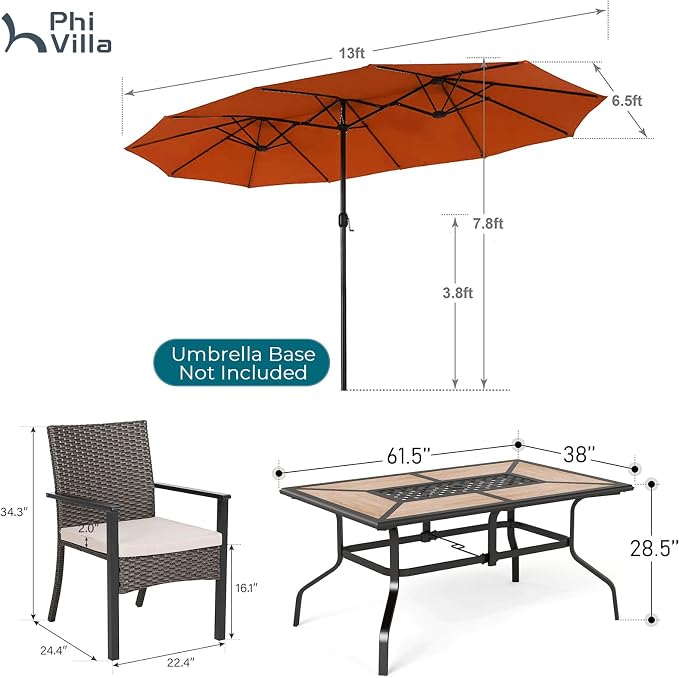 PHI VILLA 7pc Patio Dining Set with Umbrella, Wood-top Table, Rattan Chairs | 61" Wood-top dining table, 6 cushioned rattan wicker chairs, 13ft red umbrella. Perfect for patio, deck, yard, or porch.
