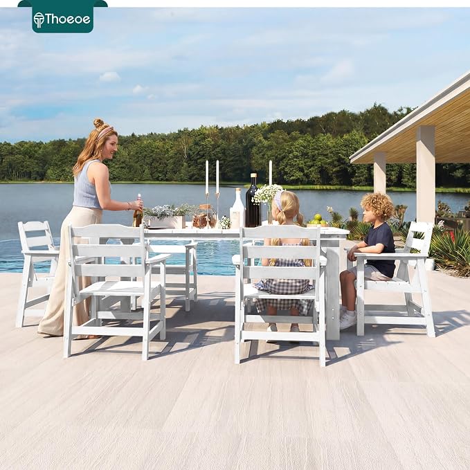 THOEOE 7 Piece Outdoor Dining Set, Patio Dining Table and 6 Chairs, All-Aluminum Frame, All-Weather HDPE Outdoor Furniture with Umbrella Hole for Garden, Lawn, Poolside, White