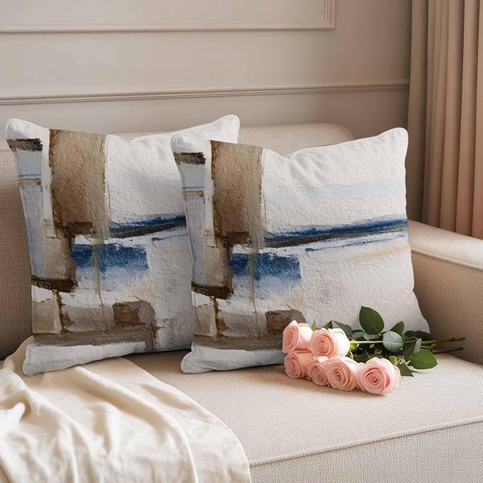 Throw Pillow Covers 16x16 Inch Set of 2, Beige Brown Blue Waterproof Outdoor Cushion Covers, Vintage Abstract Mottled Texture Decorative Pillowcases for Couch, Sofa, Bed, Garden, Patio