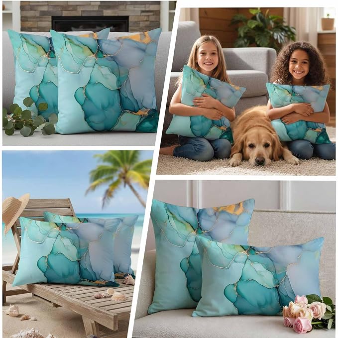Abstract Teal Outdoor Waterproof Throw Pillow Covers Set of 2, 24"x24", Blue Gold Marble Natural Stone Cracks Modern Decorative Pillow Covers Outside Cushion Case for Patio Porch Garden