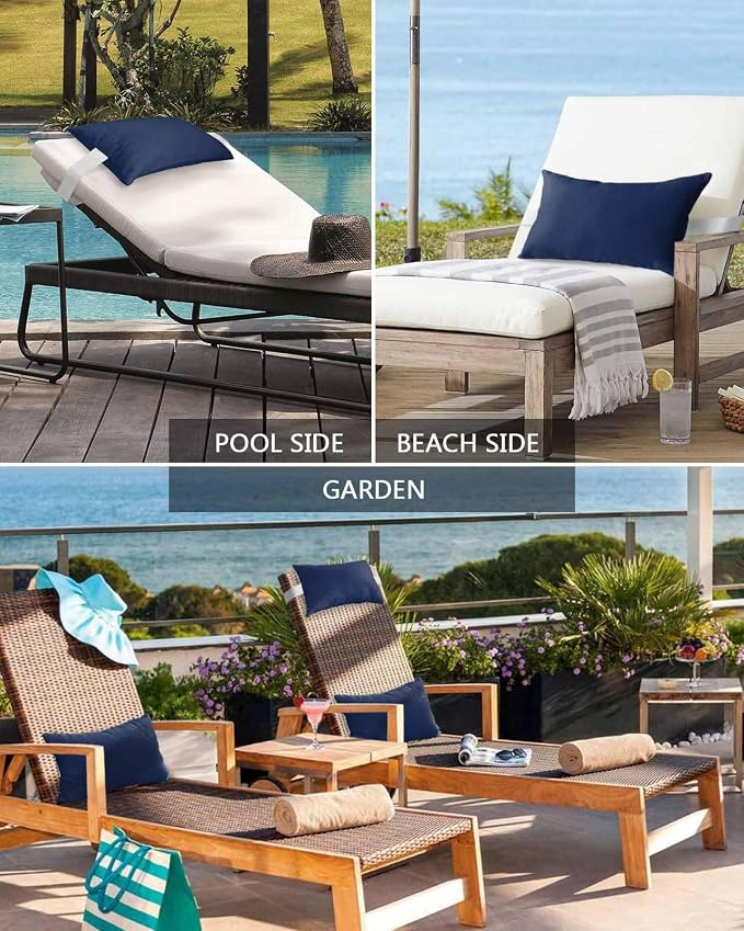 DecorLovee Navy Blue Outdoor Recliner Pillows for Head, Modern Pure Blue Waterproof Chair Pillow with Elastic Stripe, Farmhouse Chaise Lounge Headrest Pillow for Patio/Beach/Pool 2Pack, 11"x16"