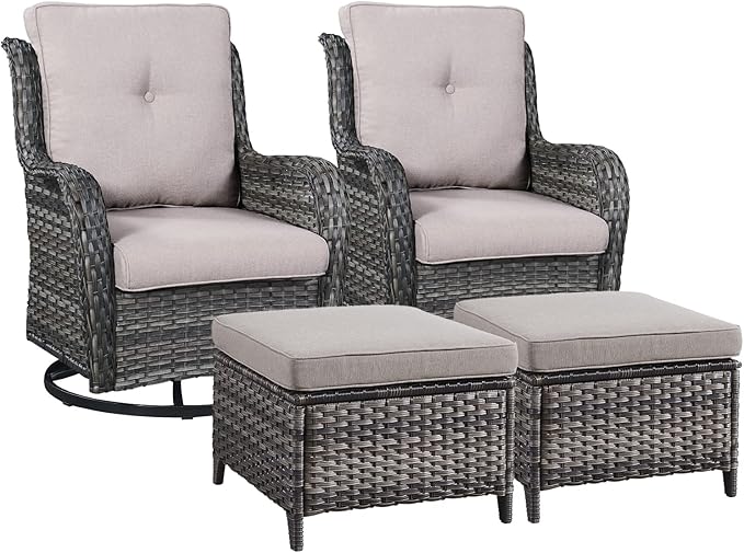 Rilyson Luxury 4 Pieces Patio Wicker Furniture Set, Outdoor Rattan Bistro Set with Rocking Swivel Chair, Ottoman and Thickened Cushions (Grey/Grey)