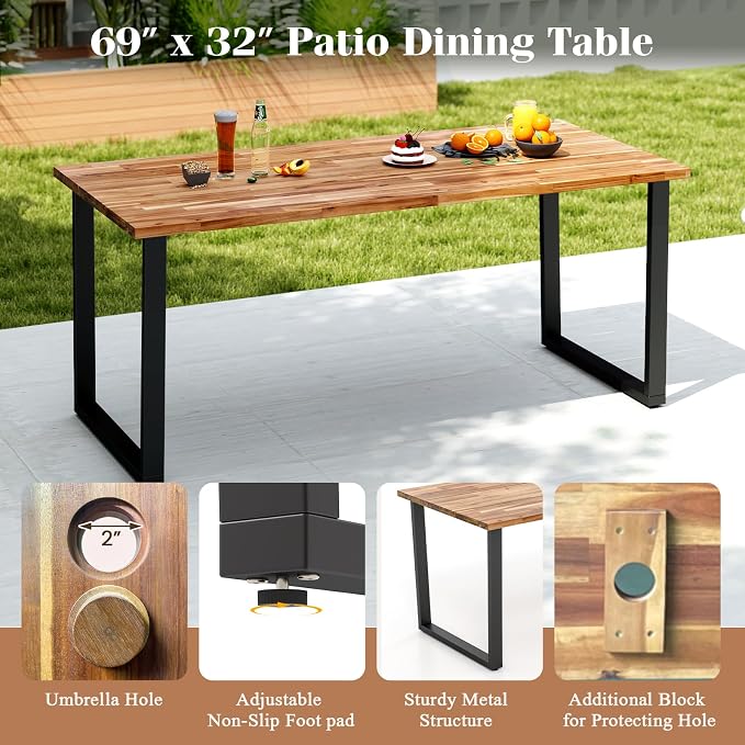 Tangkula 7 Pieces Patented Wood Outdoor Dining Set with Umbrella Hole, Heavy Duty Acacia Armrest Chairs and Rectangle Table Set for 6, Suitable for Deck Lawn Garden Poolside and Backyard
