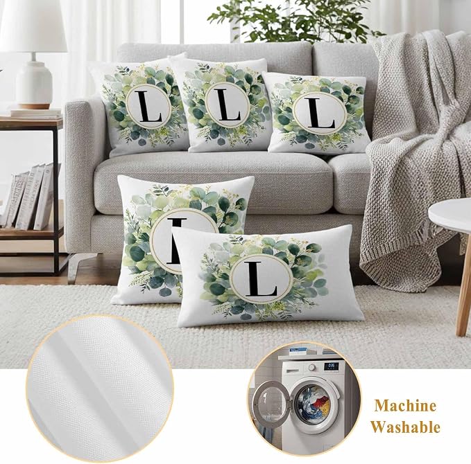 Letter L Waterproof Outdoor Pillow Covers Set of 2 Home Decor, Alphabet Green Eucalyptus Leaves Pillowcase Patio Pillow Covers for Couch Bench Patio Furniture Garden 24x24in