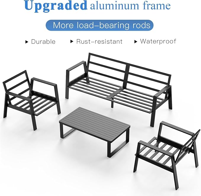 Aluminum Outdoor Patio Furniture Set, 4 Piece Sectional Coversation Sets with Coffee Table, Modern Outdoor Sofa Couch with Thick Cushions for Porch, Balcony, Garden(Blue Cushions)