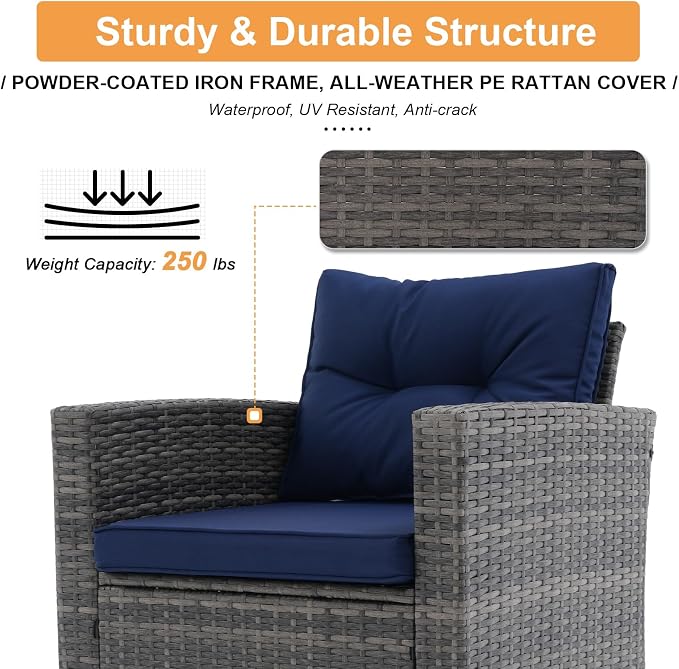 Super Patio 8 Pieces Outdoor Patio Furniture Set, Wicker Patio Conversation Sets with Storage Box, Rattan Outdoor Sectional Sofa Set with Cushions and Coffee Table for Outside Porch, Deck, Navy Blue
