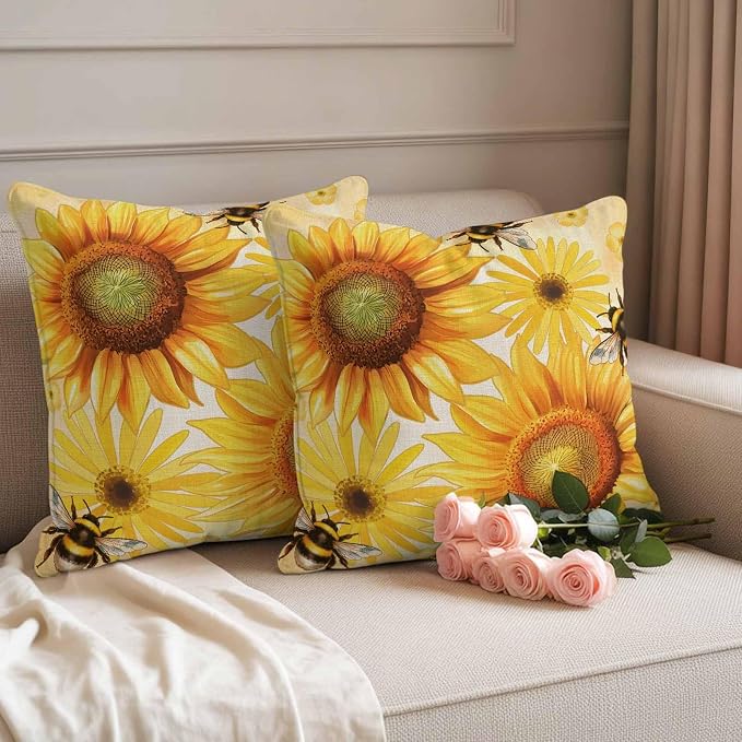 Outdoor Throw Pillow Covers,Farmhouse Sunflower Bee on Linen Waterproof Decorative Pillowcases Cushion Cover Retro Pastoral Yellow Flower Pillow Cases for Patio Couch Sofa Bed,24x42in Set of 2