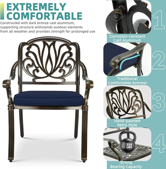 MEETWARM 5-Piece Outdoor Patio Dining Set, All-Weather Cast Aluminum Patio Conversation Set for Backyard Garden Deck with 4 Chairs, 4 Cushions and 35.4" Square Table, 2.2" Umbrella Hole, Navy Blue