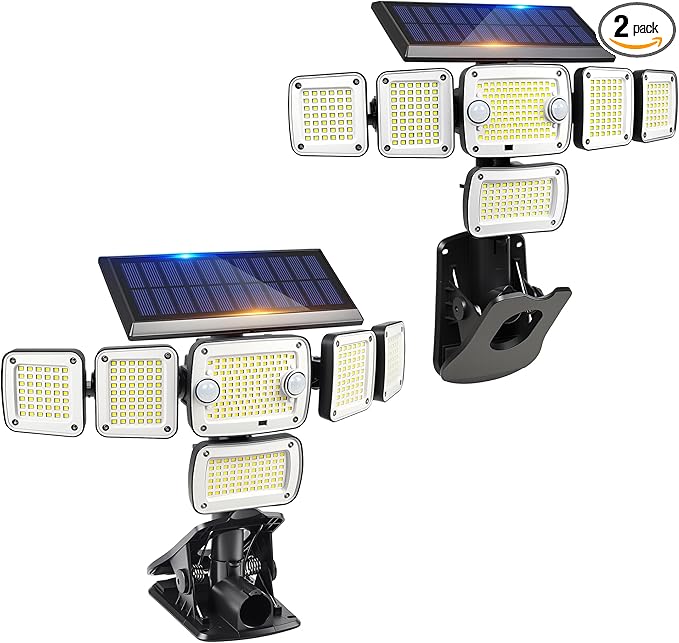 Solar Flood Lights Outdoor,6000LM 336 LEDs Dual Clip on Motion Sensor Lights with 360° Wide Angle &3 Modes, IP65 Waterproof Security Lights for Yard Patio Garage Garden,2Pack