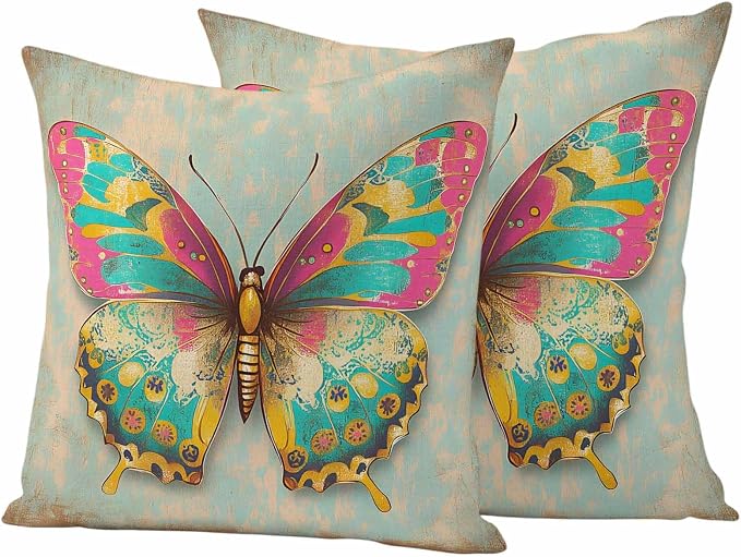 Watercolor Butterfly Outdoor Waterproof Throw Pillow Covers Set of 2, 18"x18", Corlorful Vintage Texture Decorative Pillow Covers Outside Cushion Case for Patio Porch Garden
