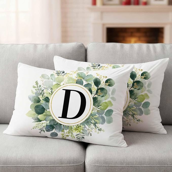 Letter D Waterproof Outdoor Pillow Covers Set of 2 Home Decor, Alphabet Green Eucalyptus Leaves Lumbar Pillowcase Patio Pillow Covers for Couch Bench Patio Furniture Garden 20x12in