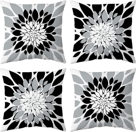 Pack of 4 Outdoor Waterproof Pillow Covers 18x18 Decorative Outdoor Throw Pillows Garden Square Cushion Cases for Patio Furniture, Couch, Tent Sunbrella, Bench, Black Grey