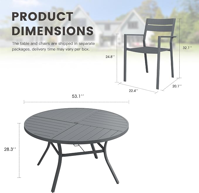Patio Dining Set for 8, Round 53.1" Patio Dining Table and Stackable Outdoor Dining Chairs Outdoor Furniture for Backyard Porch Deck, Spliced Dark Grey Table and Grey Chairs