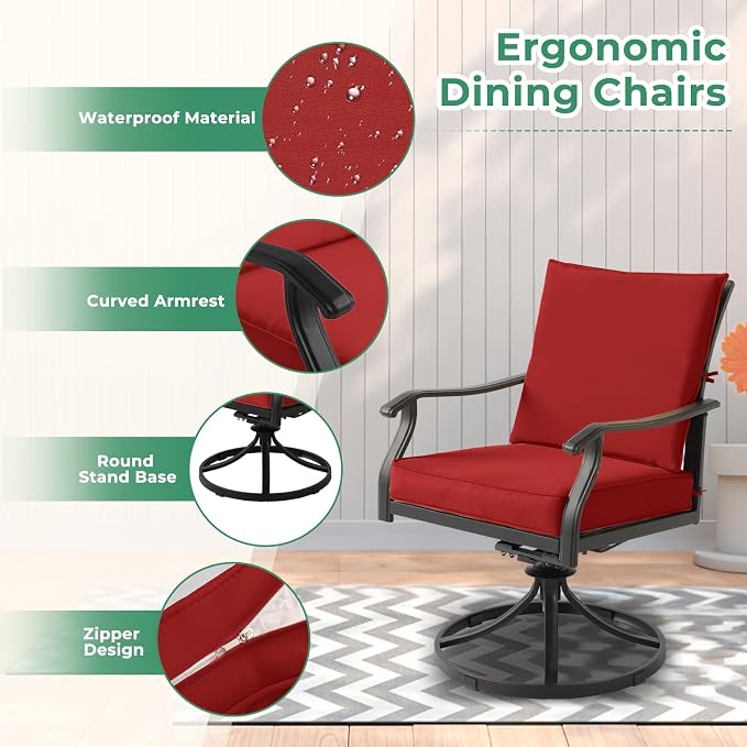 LVUYOYO 7-Piece Outdoor Patio Dining Set, Metal Swivel Chair & Rectangular Table Set, All-Weather Furniture for Backyard, Garden,Balcony,Porch (Red)