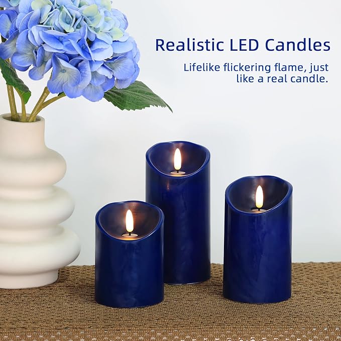 Navy Blue Flameless Candles with Remote Timer, Real Wax LED Candles Flickering, 3D Wick Fake Candles Candles Battery Operated for Home Living Room Wedding Party Gifts, Navy Blue Decor, Set of 3