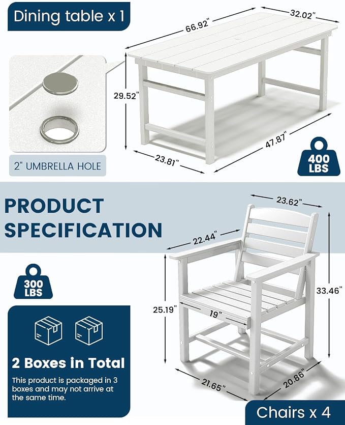 FOOWIN Outdoor Table and Chairs Set 5-Piece HDPE All Weather Patio Dining Set with Umbrella Hole,Outdoor Patio Furniture Dining Set for 4,Patio Kitchen Table Set for Garden,Backyard,Poolside, White