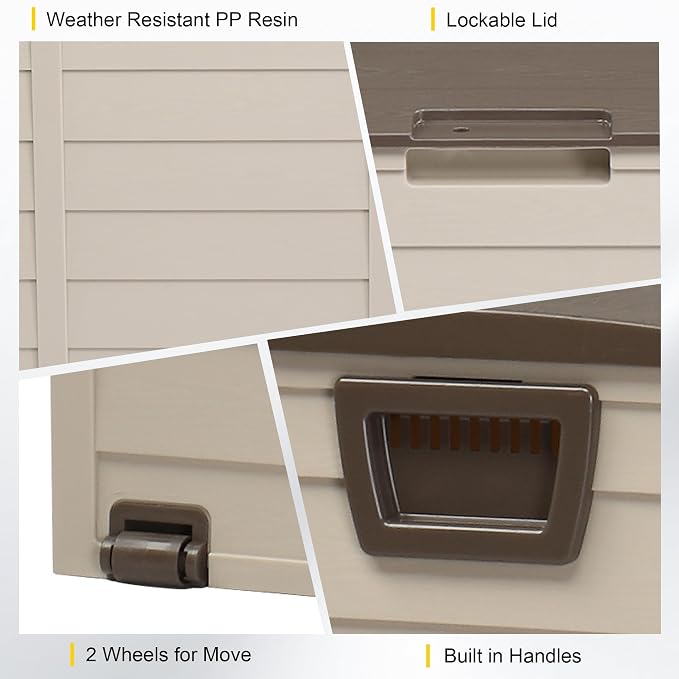 75 Gallon Resin Deck Box, Waterproof Anti-UV Lockable Outdoor Storage Bin for Patio Furniture Garden Tools, Heavy Duty Indoor Package Delivery Deck Boxes for Pillows Pool Cushions, Beige
