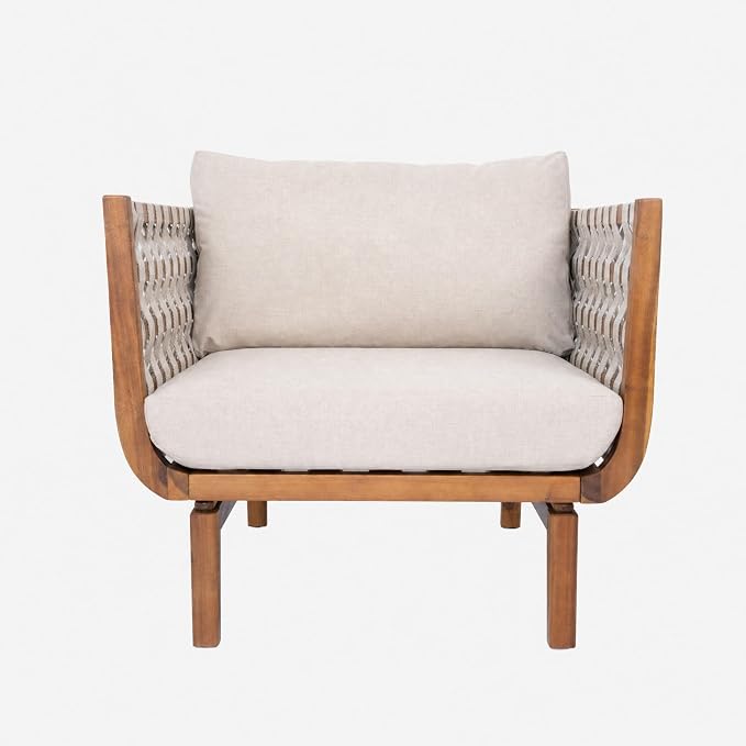 Christopher Knight Home Gwen 3 Piece Acacia Wood Patio Conversation Set with Sofa, Coffee Table and Ottoman, 3-Seater Sofa with Water-Repellent Cushion, Outdoor Patio Furniture Set, Teak+Beige